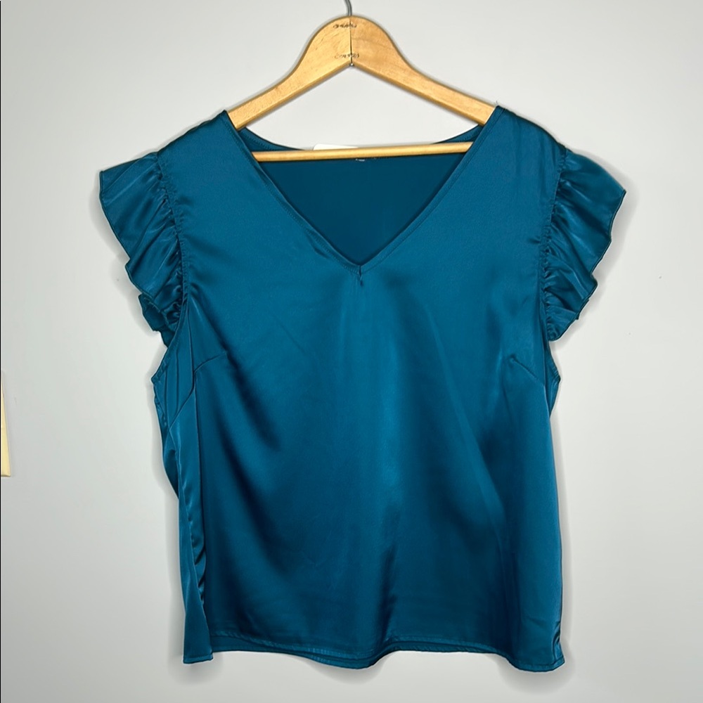 NWT Teal Green Flutter Ruffle Sleeve Blouse XL - Picture 2 of 6